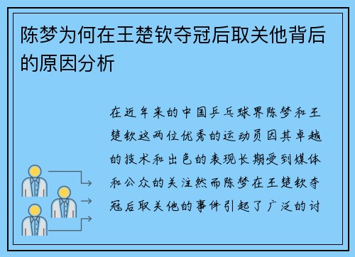 陈梦为何在王楚钦夺冠后取关他背后的原因分析