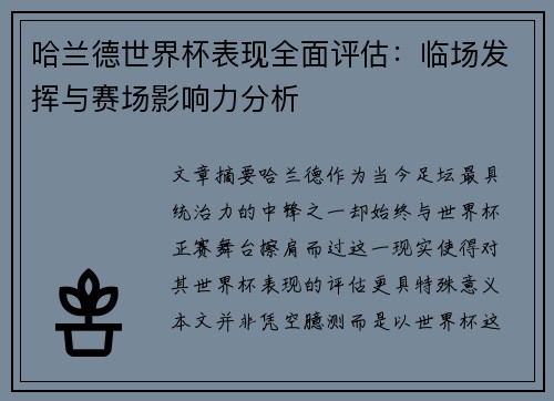 哈兰德世界杯表现全面评估：临场发挥与赛场影响力分析